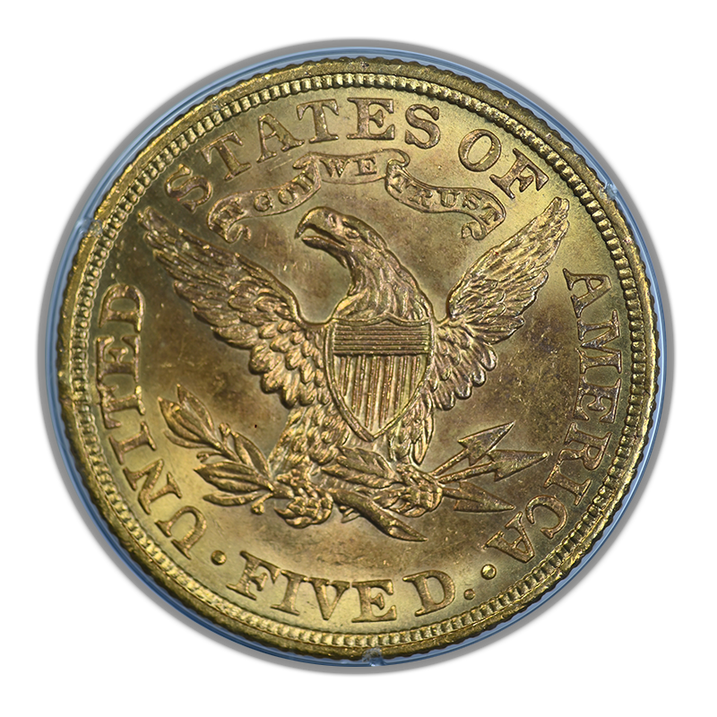 1908 Liberty Head Gold Half Eagle $5 PCGS Rattler MS62 Gold CAC Reverse
