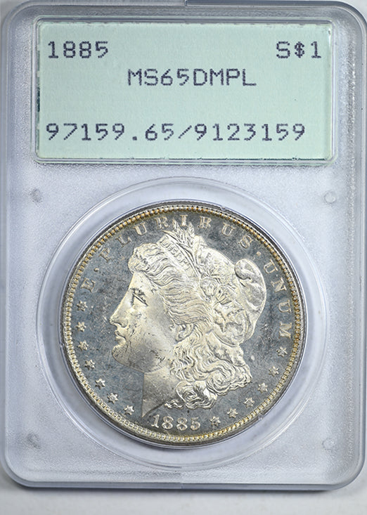 1885 Morgan Dollar $1 PCGS Rattler MS65DMPL - Deep Mirror Prooflike Obverse Slab