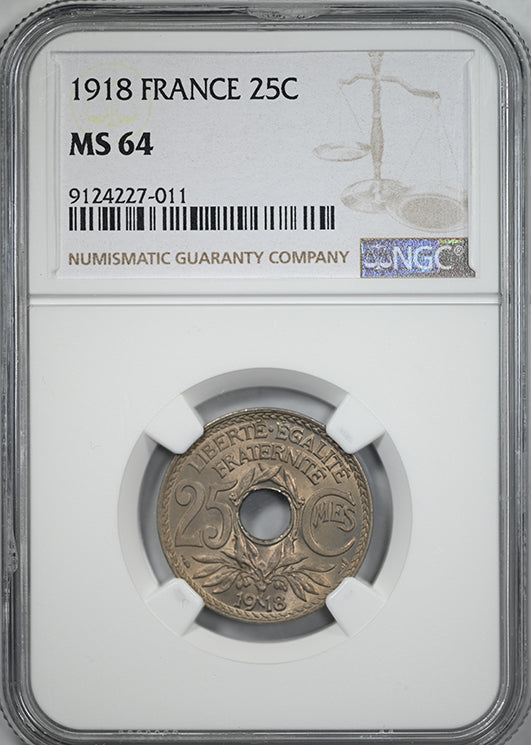 1918 France 25C Centimes NGC MS64