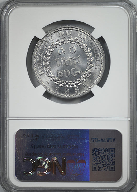 1953 Cambodia 50C Centimes NGC MS66