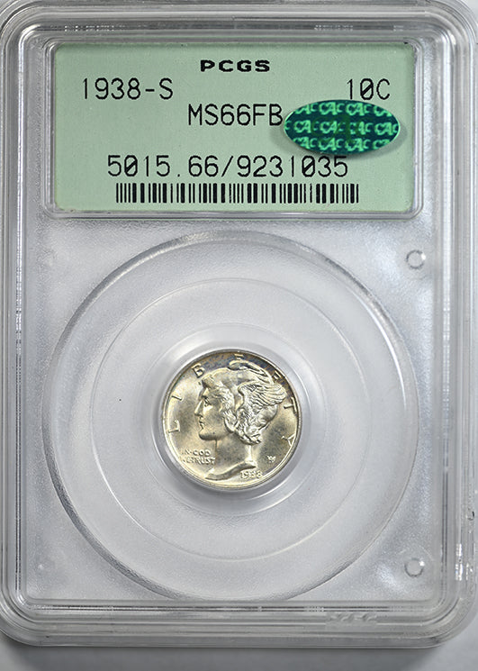 1938-S Mercury Dime 10C PCGS MS66FB CAC OGH - Full Bands