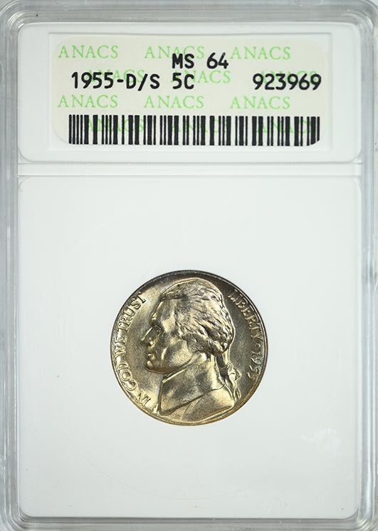 1955-D/S Jefferson Nickel 5C ANACS Soapbox MS64