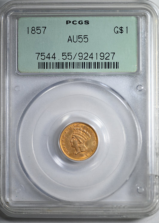 1857 Type 3 Indian Princess Head Gold Dollar G$1 PCGS AU55 OGH