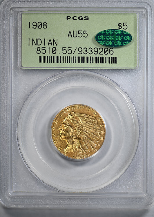 1908 Indian Head Gold Half Eagle $5 PCGS AU55 OGH