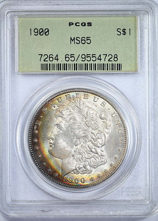 1900 Morgan Dollar $1 PCGS MS65 OGH - RAINBOW TONED! Obverse Slab