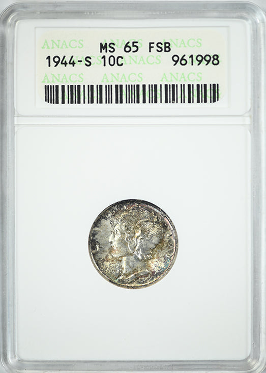 1944-S Mercury Dime 10C ANACS Soapbox MS65FB - Full Bands - TONED!