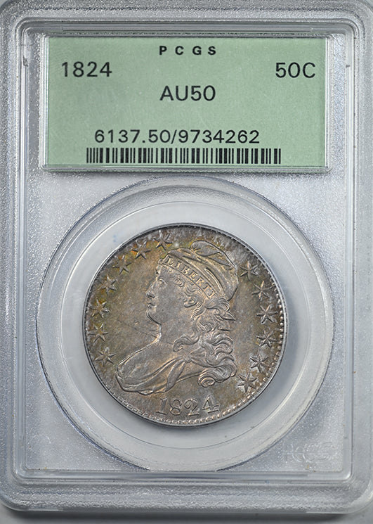 1824 Capped Bust Half Dollar 50C PCGS AU50 OGH - NICE COLOR! Obverse Slab