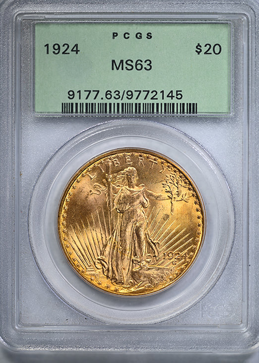 1924 Saint Gaudens Gold Double Eagle $20 PCGS MS63 OGH - Strike Through Error Obverse