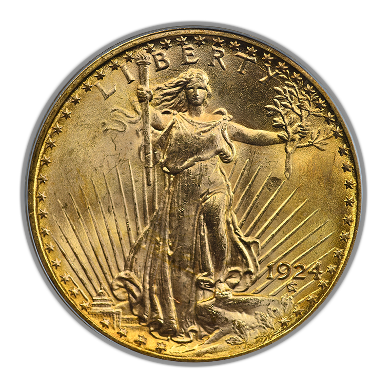 1924 Saint Gaudens Gold Double Eagle $20 PCGS MS63 OGH - Strike Through Error Obverse