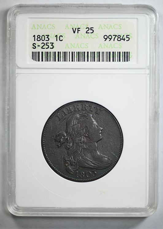 1803 Draped Bust Large Cent 1C ANACS Soapbox VF25 S-253