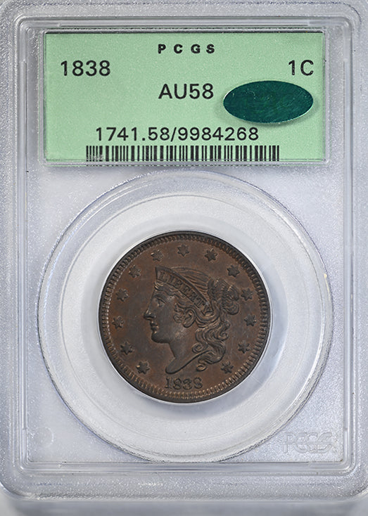 1838 Coronet Head Large Cent 1C PCGS AU58 CAC OGH
