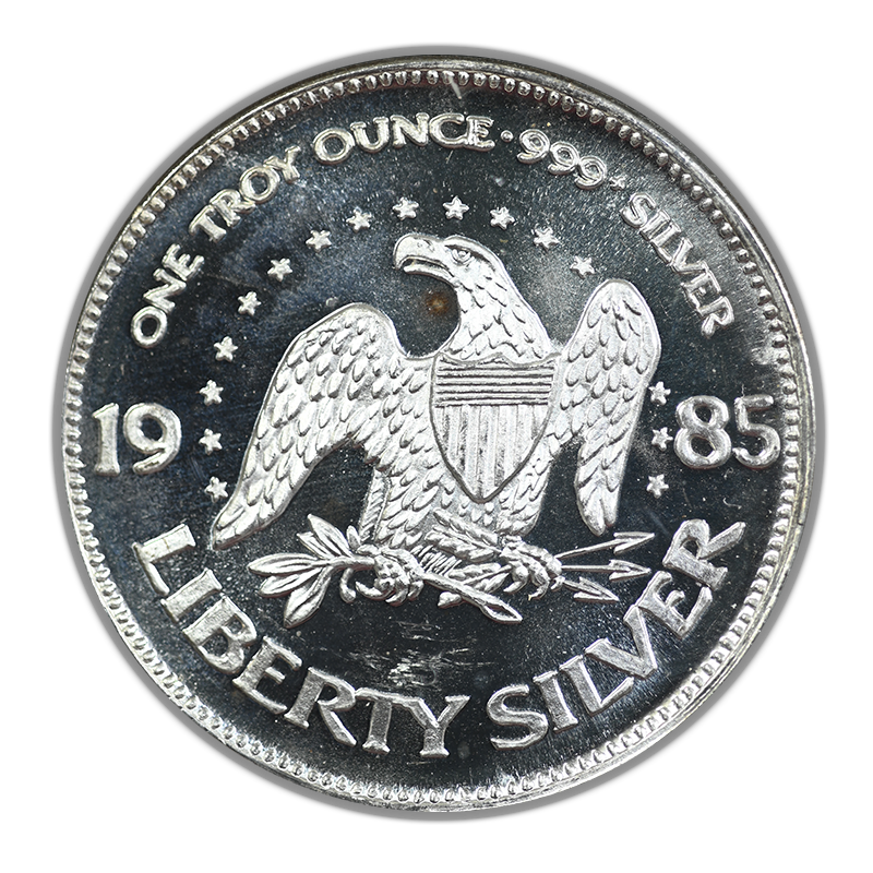 1985 A-Mark Precious Metals Eagle & Bell 1oz Silver Round BAC 9.5