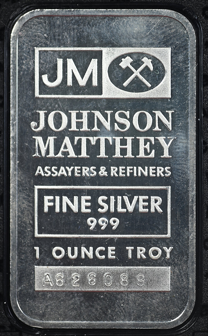 1982 Johnson Matthey JM Crossed Hammers 1oz Pressed Silver Bar BAC 9.7 Oversized Holder