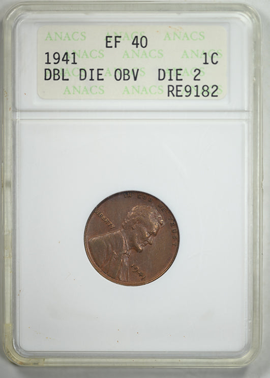 1941 Doubled Die Obverse Lincoln Wheat Cent 1C ANACS Soapbox XF40