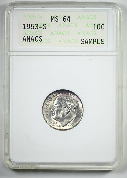 1953-S Roosevelt Dime 10C ANACS Soapbox MS64 - Sample Slab