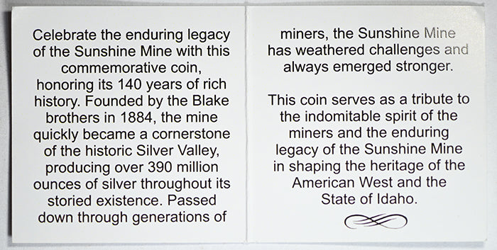 2024 Sunshine Mining 140 Year Commemorative 1oz Silver Round BAC 9.8