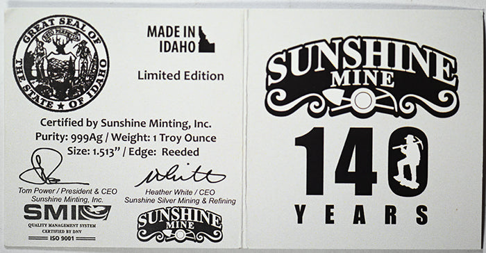 2024 Sunshine Mining 140 Year Commemorative 1oz Silver Round BAC 9.8