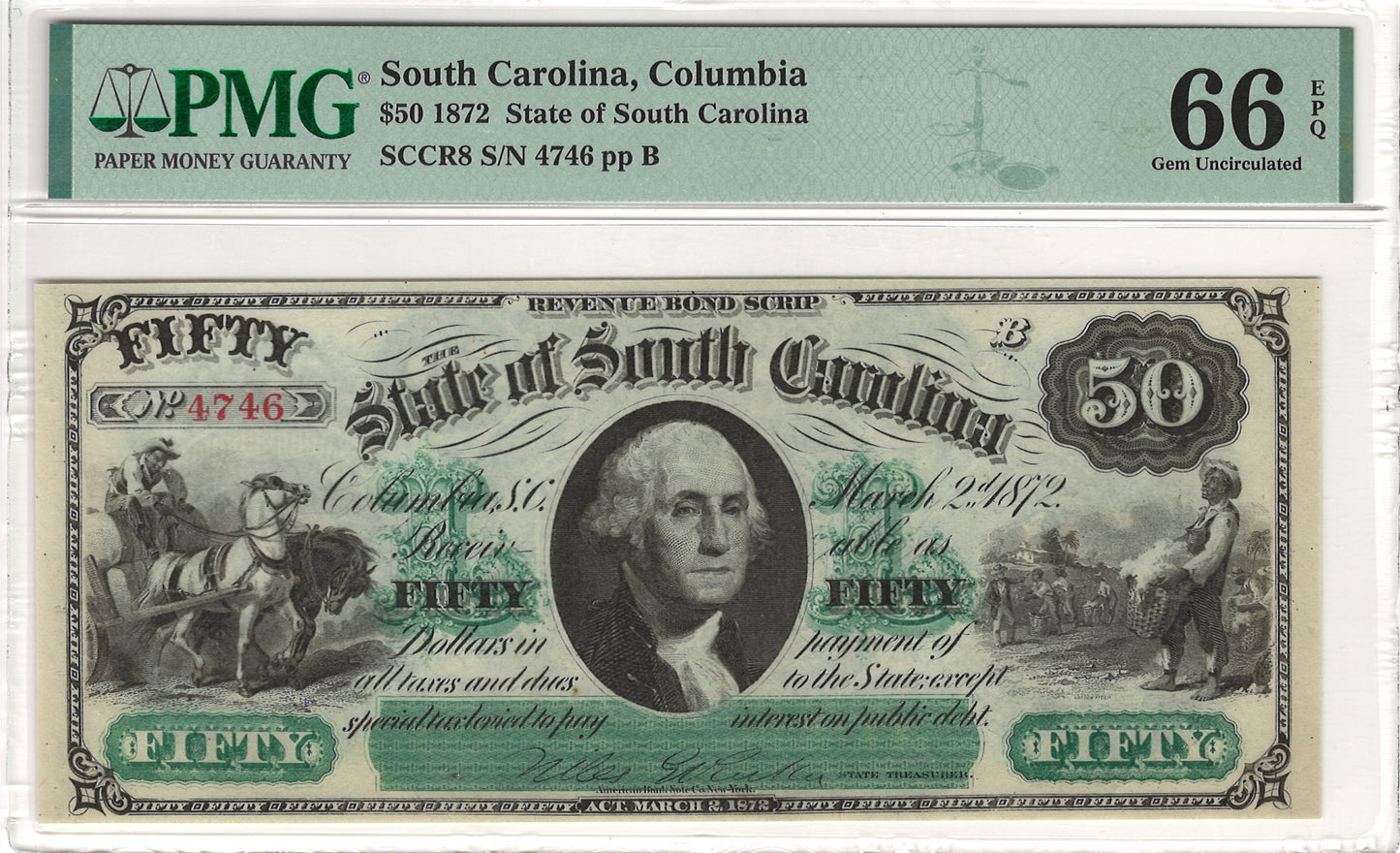 $50 1872 State of South Carolina, Columbia PMG Gem Uncirculated 66EPQ