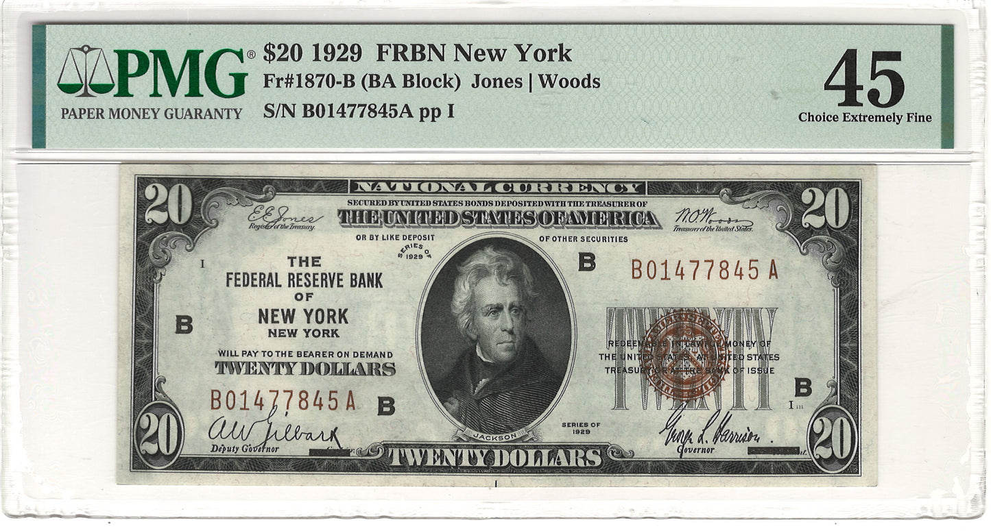 $20 1929 Federal Reserve Bank Note FRBN New York PMG Choice Extremely Fine 45 Fr#1870-B (BA Block)&nbsp;