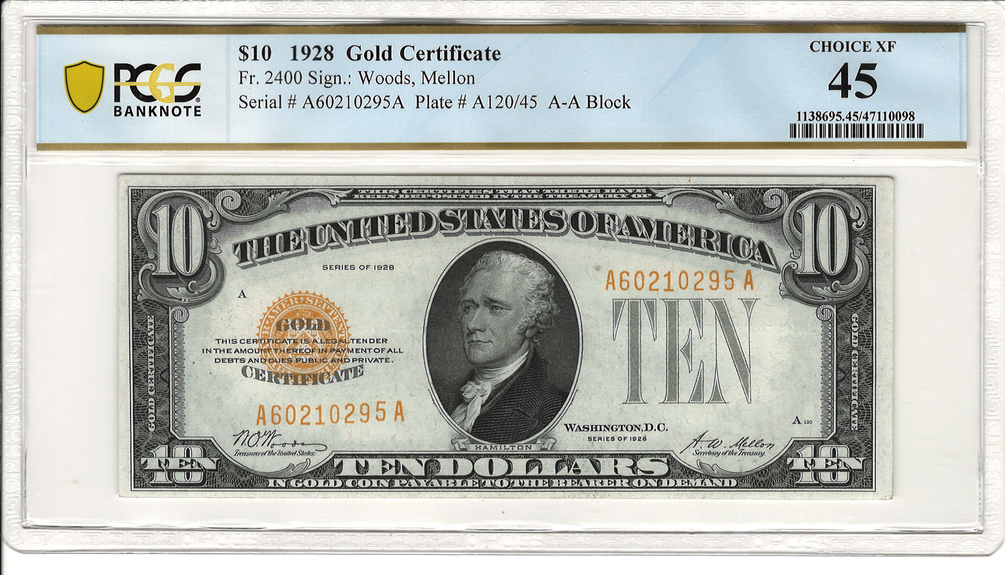 $10 1928 Gold Certificate PCGS Choice XF 45 Fr. 2400 Fronr