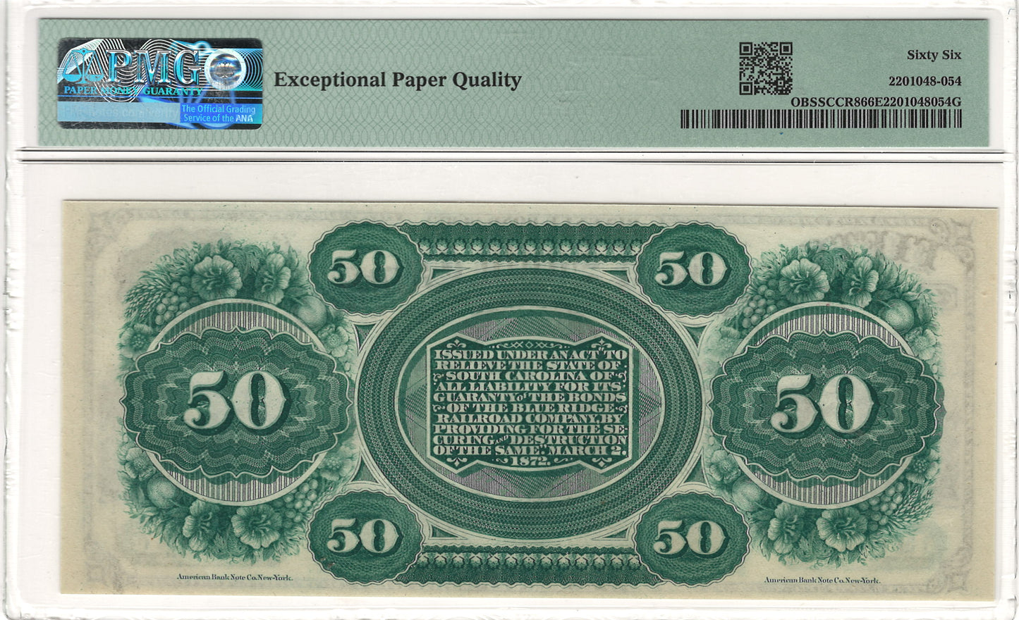 $50 1872 State of South Carolina, Columbia PMG Gem Uncirculated 66EPQ