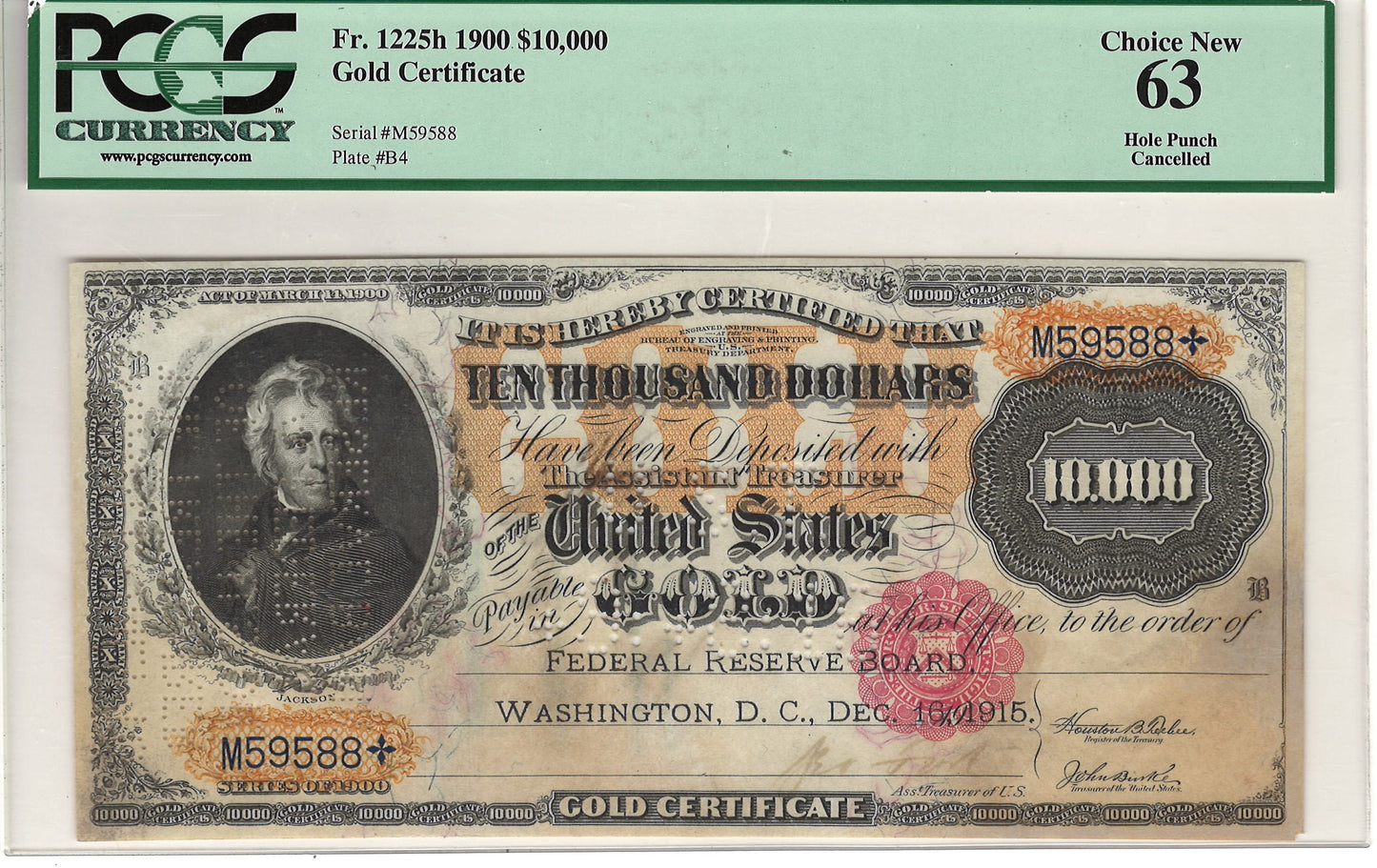 $10,000 1900 Gold Certificate PCGS Currency Choice New 63 Fr#1225h - Hole Punched Cancelled