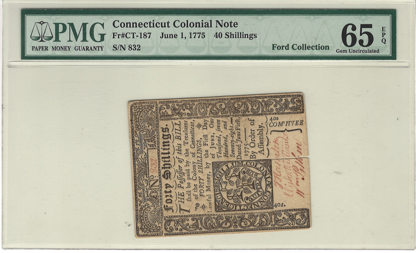 Connecticut Colonial Note 40 Shillings PMG Gem Uncirculated 65 EPQ Fr#CT-187 June 1, 1775