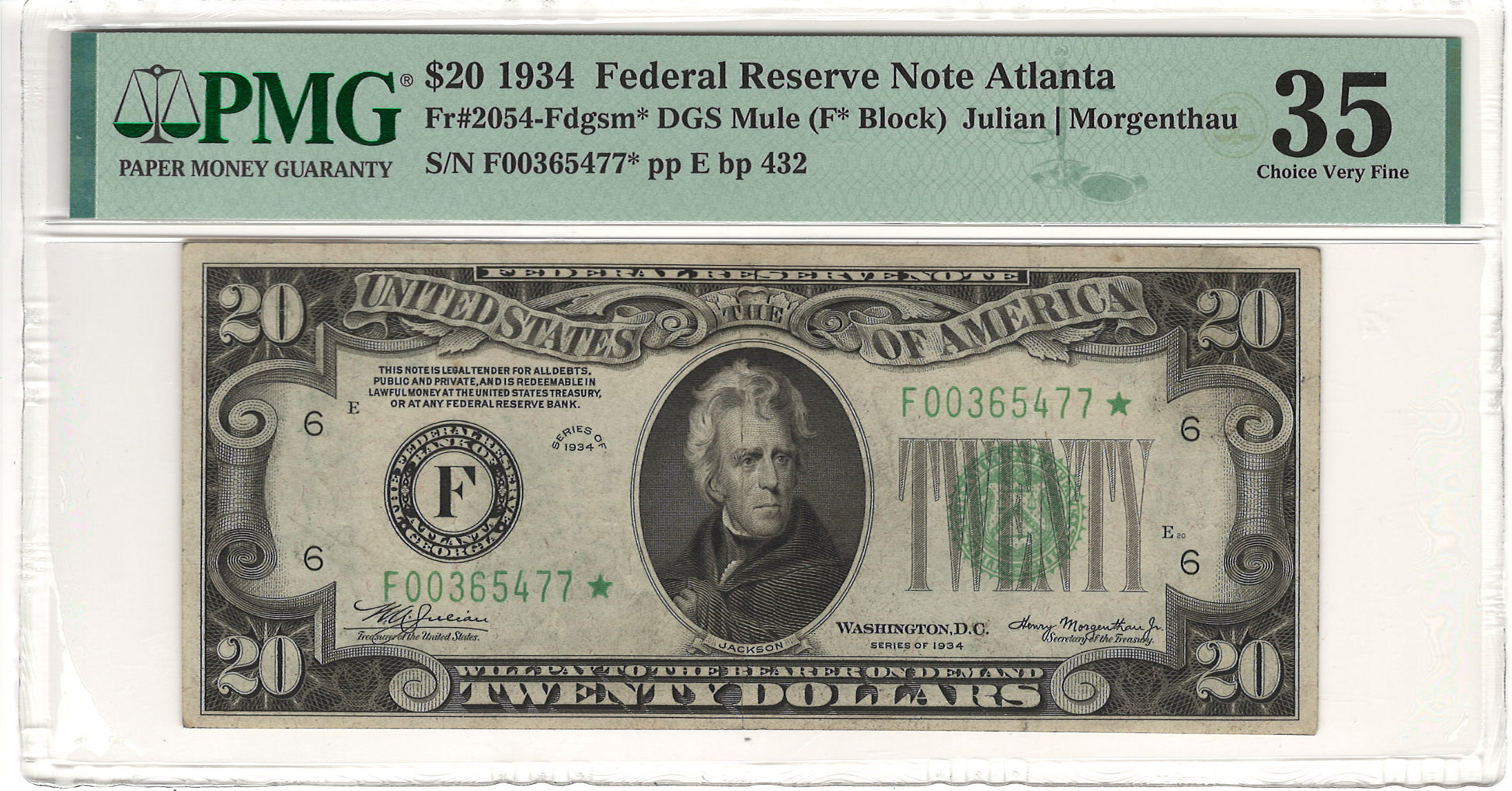 $20 1934 Federal Reserve Note Atlanta PMG Choice Very Fine VF35 Fr#2054-Fdgsm*