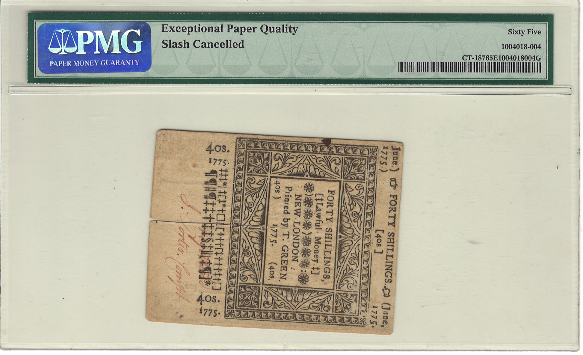 Connecticut Colonial Note 40 Shillings PMG Gem Uncirculated 65 EPQ Fr#CT-187 June 1, 1775