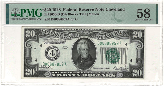 $20 1928 Federal Reserve Note Cleveland PMG Choice About Uncirculated 58 Fr#2050-D (DA Block)