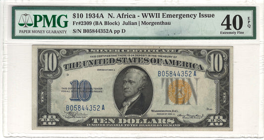 $10 1934A North Africa WWII Emergency Issue Silver Certificate Note PMG Extremely Fine 40 EPQ Fr#2309