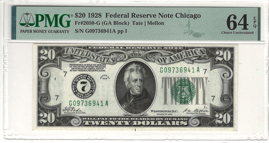 $20 1928 Federal Reserve Note Chicago PMG Choice Uncirculated 64 EPQ Fr#2050-G