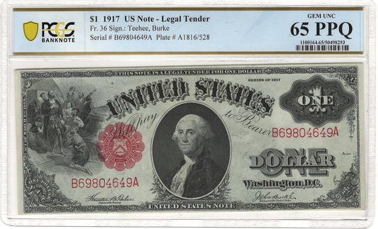 $1 1917 Sawhorse Note Legal Tender PCGS Banknote Gem Uncirculated 65 PPQ Fr#36