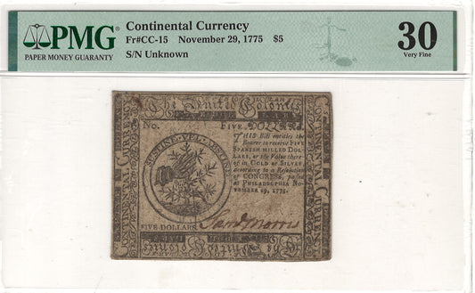 Continental Currency $5 PMG Very Fine 30 Fr#CC-15 November 29, 1775 Front