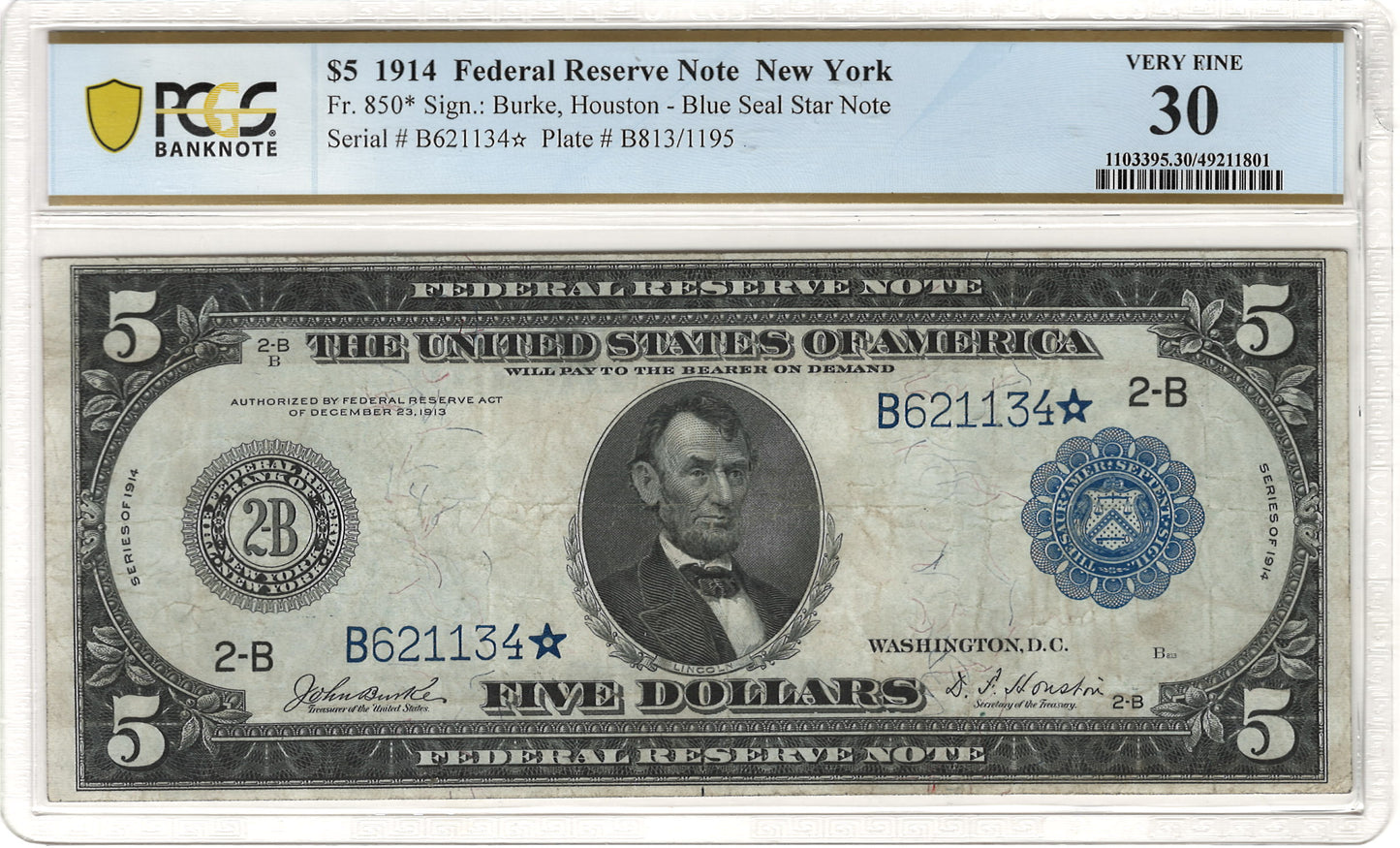 $5 1914 New York Blue Seal Star Note Federal Reserve Note PCGS Banknote Very Fine 30 Fr#850*