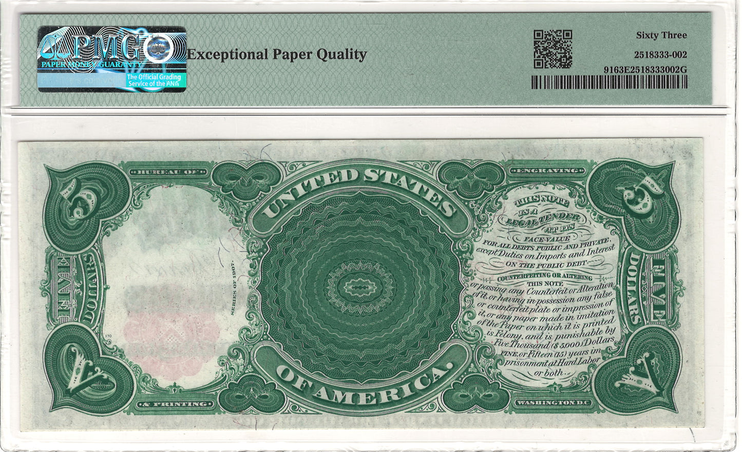 $5 1907 Legal Tender Woodchopper Note PMG Choice Uncirculated 63 EPQ Fr#91