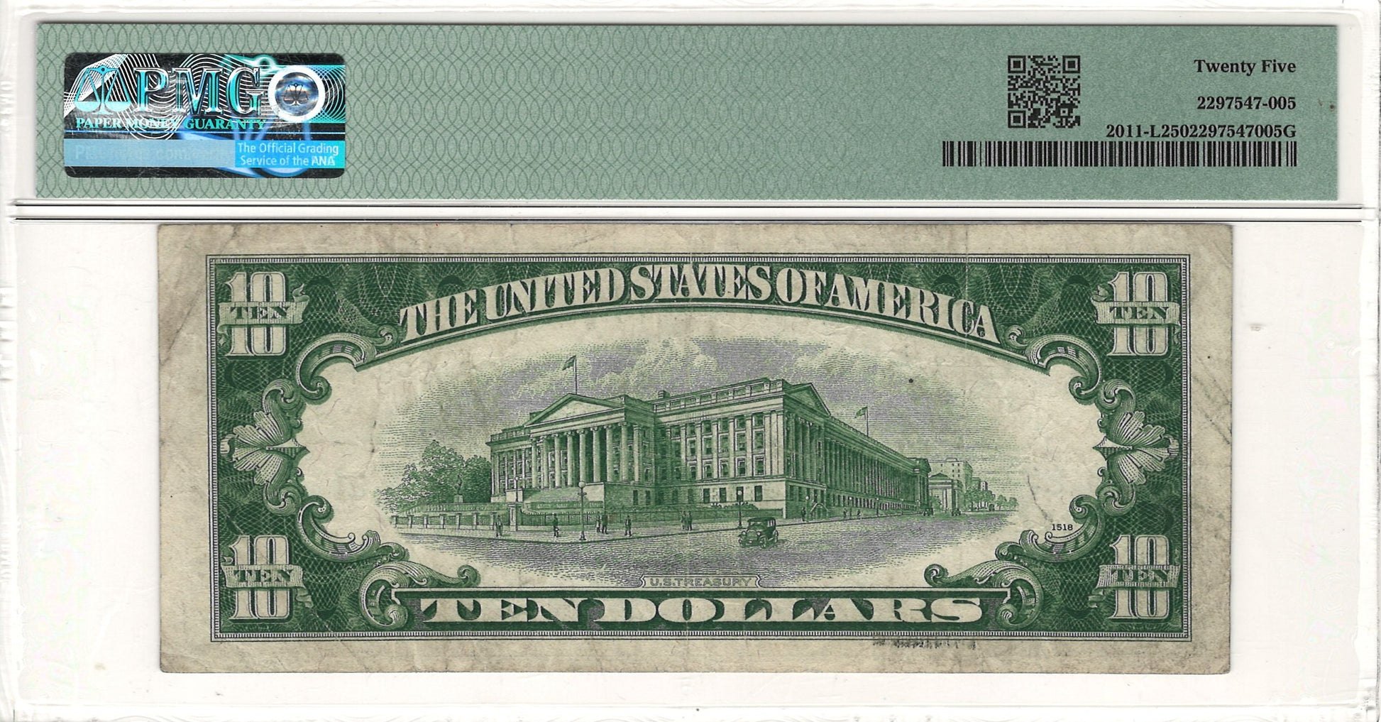 $10 1950A Federal Reserve Note FRN San Francisco Inverted Overprint Error PMG VF25 Fr#2011-L (LA Block) Back