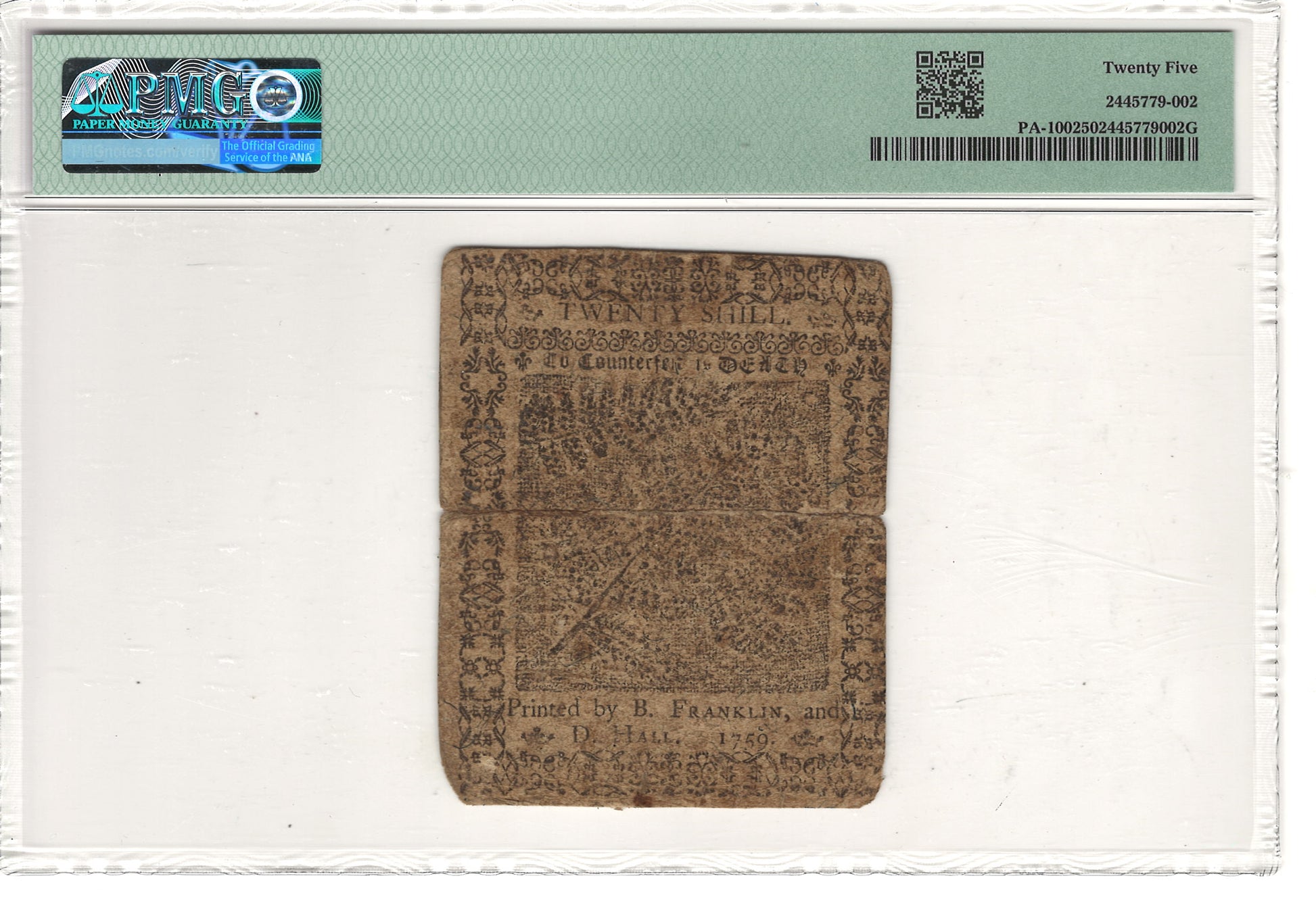 Pennsylvania Colonial Note 20 Shillings PMG Very Fine 25 Fr#PA-100 April 25, 1759
