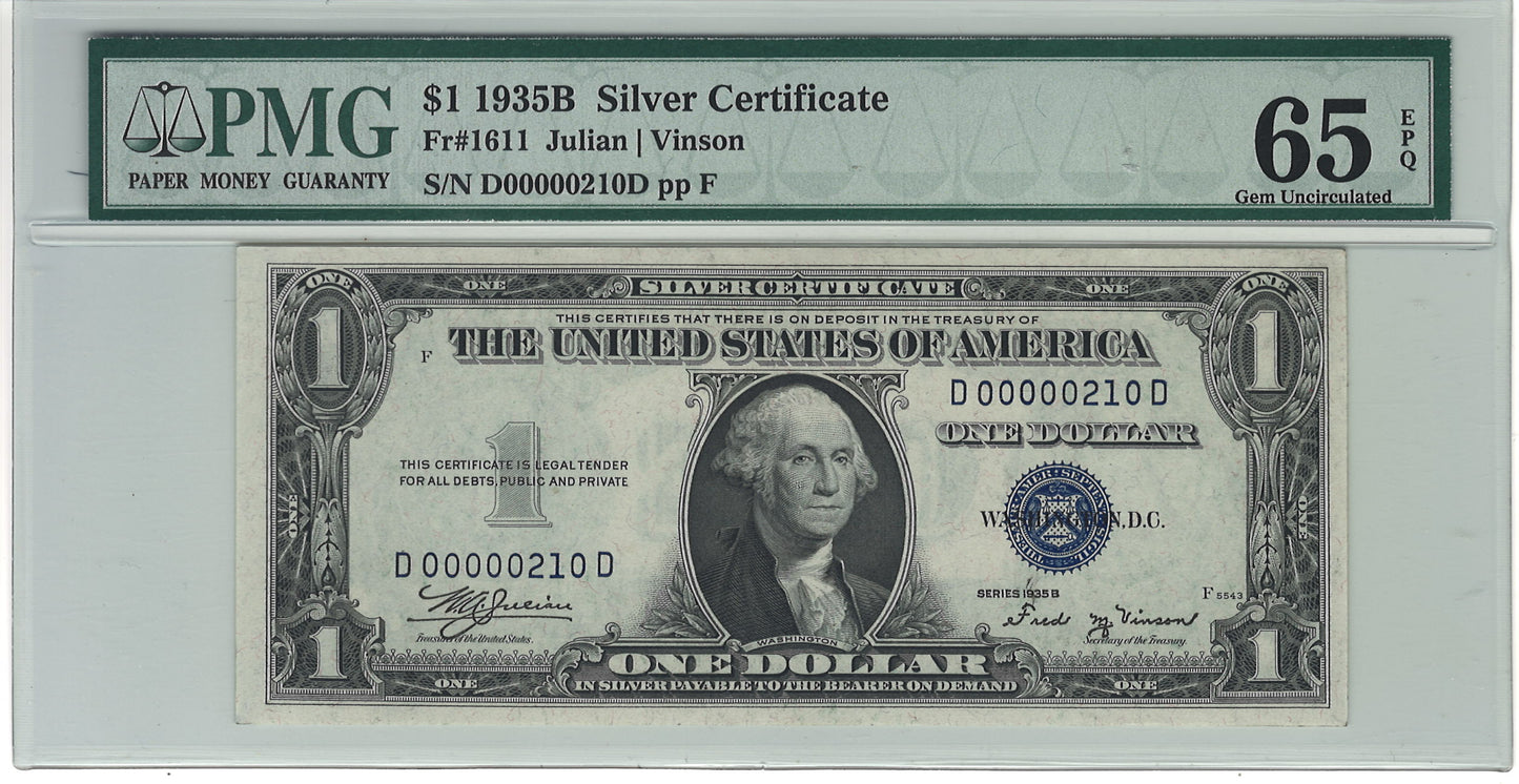 $1 1935B Silver Certificate Note PMG Gem Uncirculated 65 EPQ Fr#1611