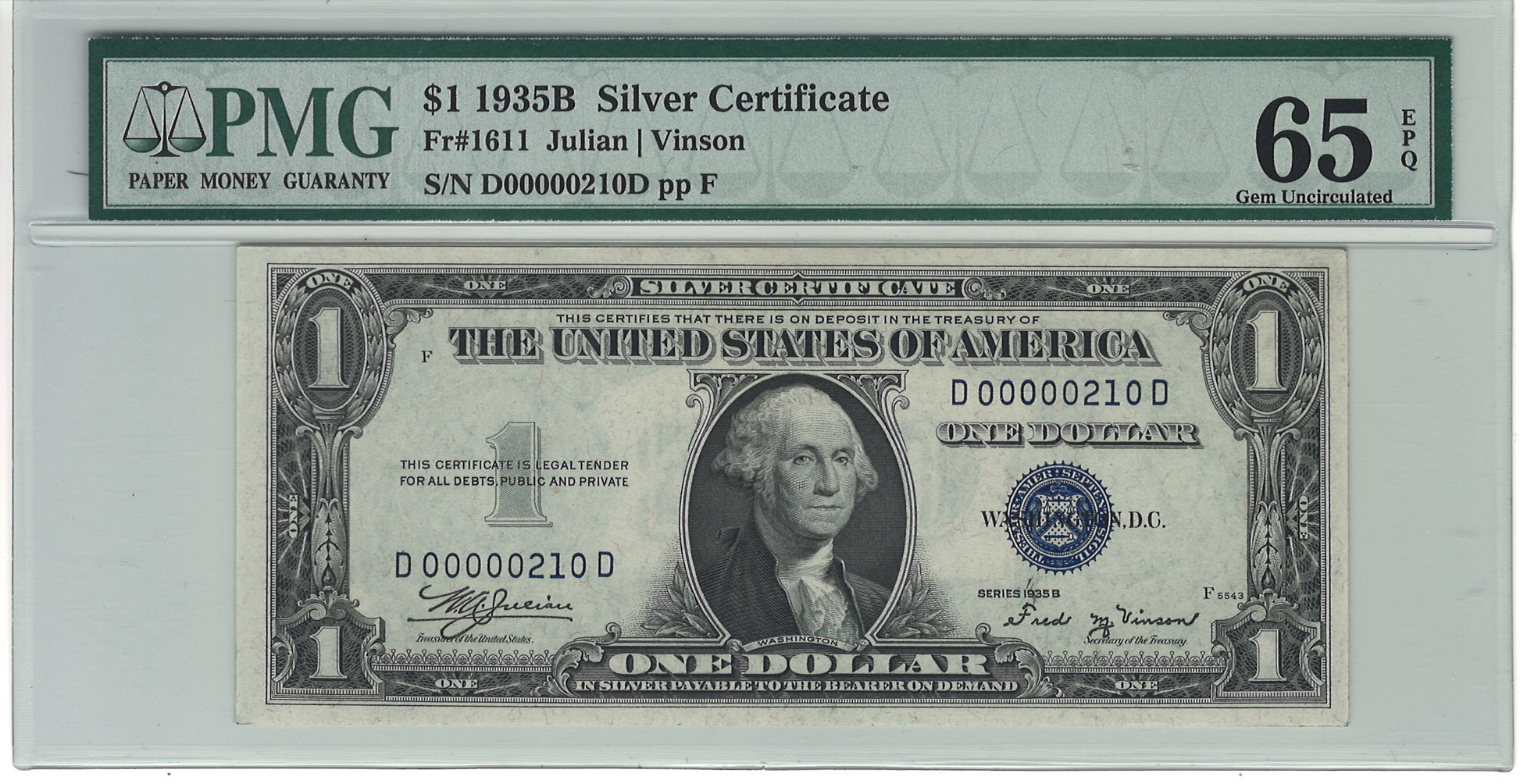 $1 1935B Silver Certificate Note PMG Gem Uncirculated 65 EPQ Fr#1611