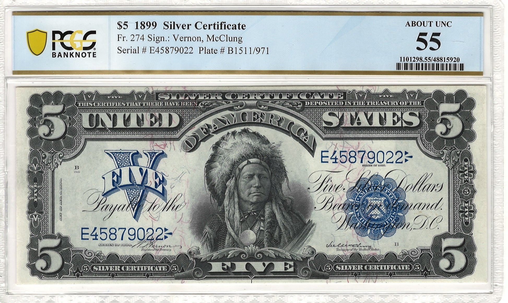 $5 1899 Silver Certificate Indian Chief Note PCGS Currency About UNC 55 Fr. 274 Front