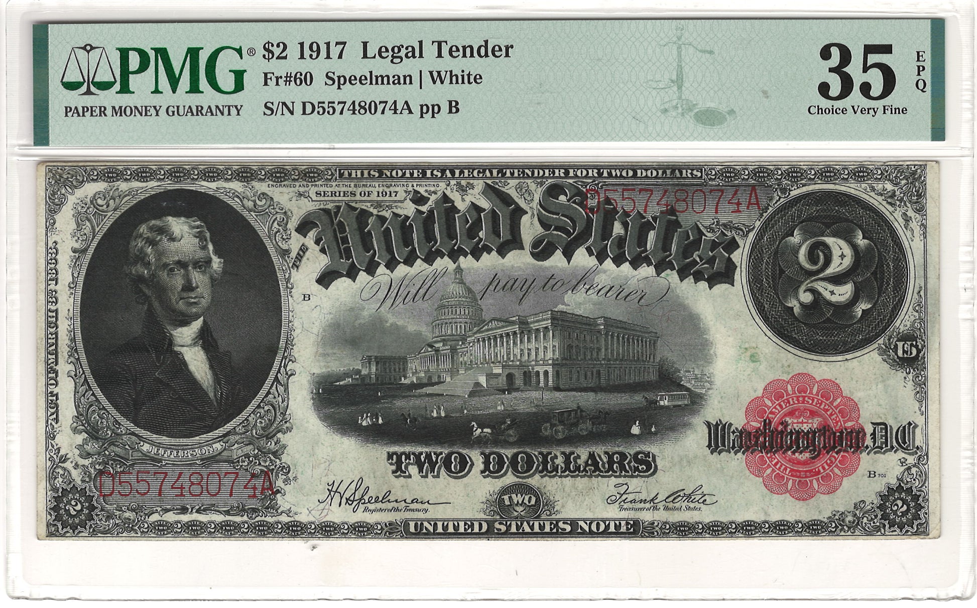 $2 1917 Legal Tender Note PMG Choice Very Fine 35 EPQ Fr#60