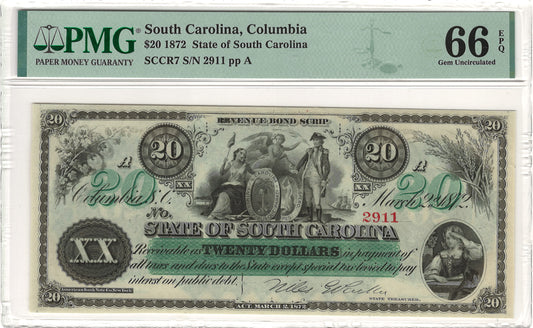 $20 1872 State of South Carolina, Columbia PMG Gem Uncirculated 66 EPQ Front