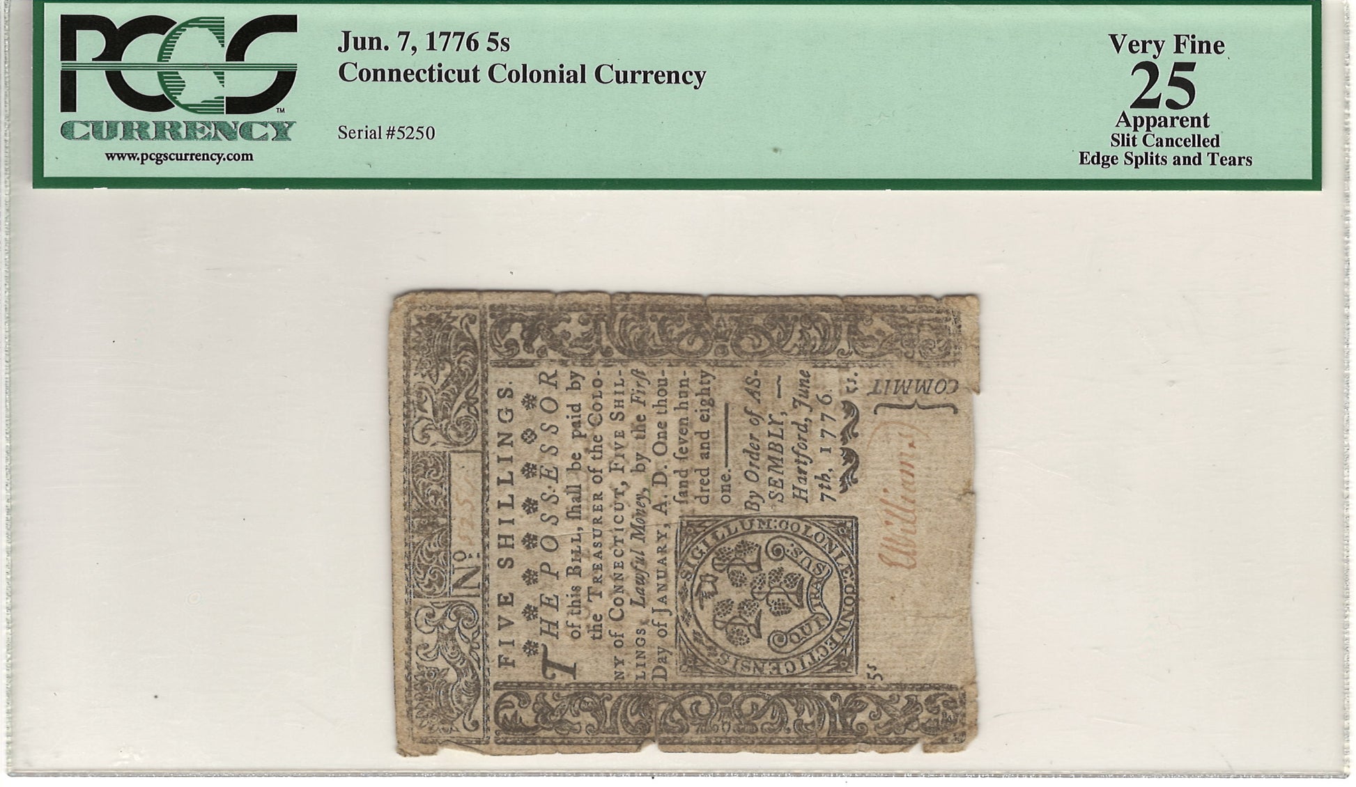 Connecticut Colonial Note 5 Shillings PCGS Currency Very Fine 25 Fr#CT-199 June 7, 1776