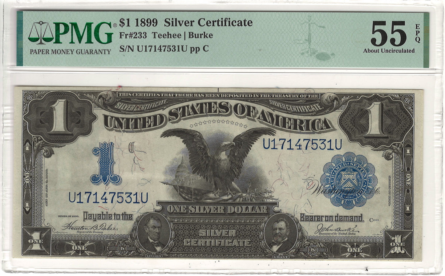 $1 1899 Black Eagle Note Large Silver Certificate PMG About Uncirculated 55 EPQ Fr#233