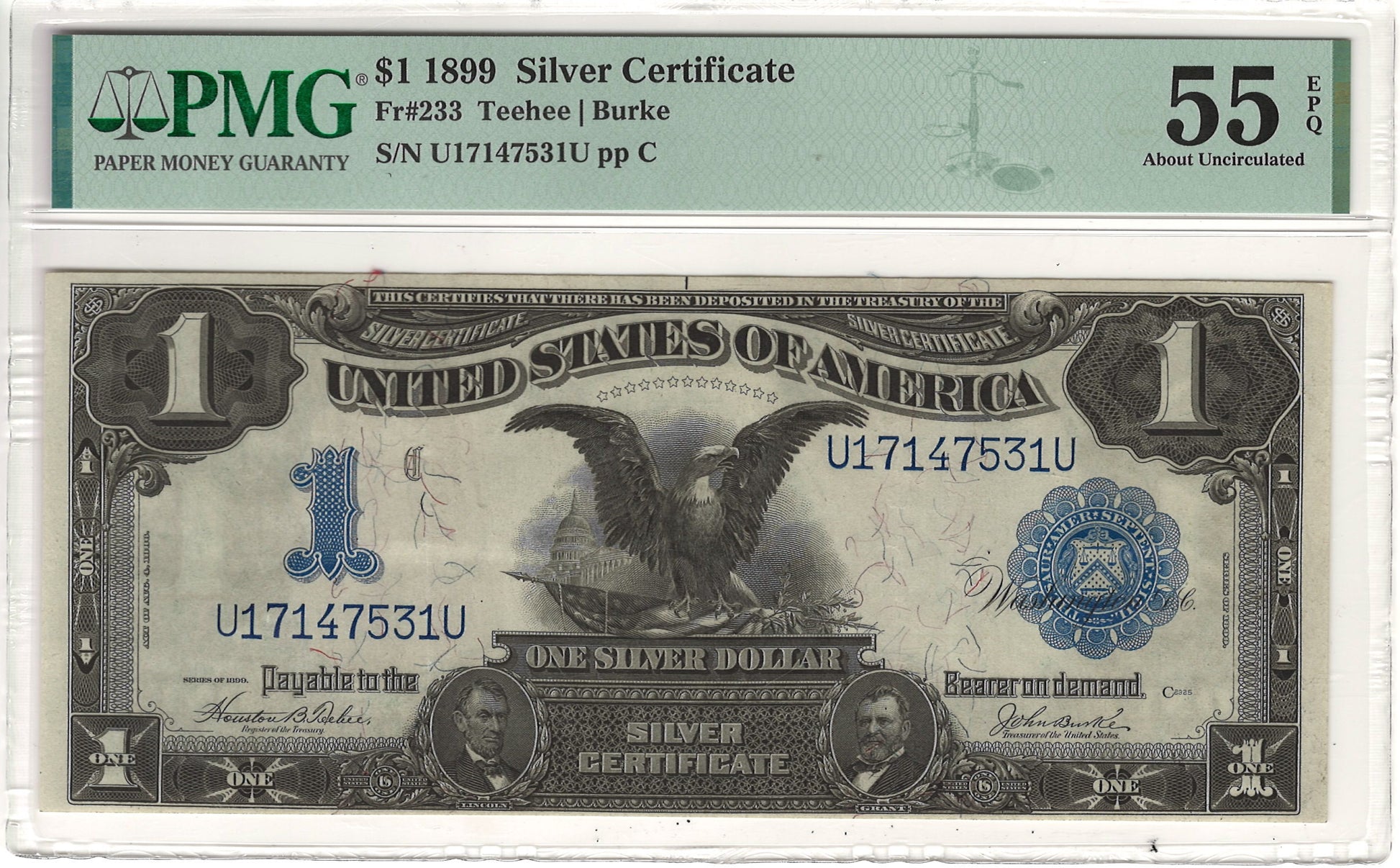 $1 1899 Black Eagle Note Large Silver Certificate PMG About Uncirculated 55 EPQ Fr#233