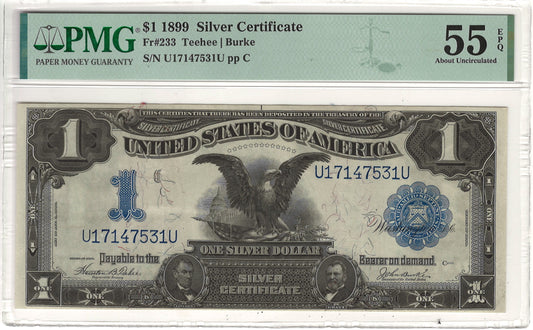 $1 1899 Black Eagle Note Large Silver Certificate PMG About Uncirculated 55 EPQ Fr#233