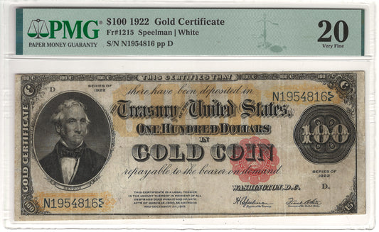 $100 1922 Gold Certificate Note PMG Very Fine 20 Fr#1215
