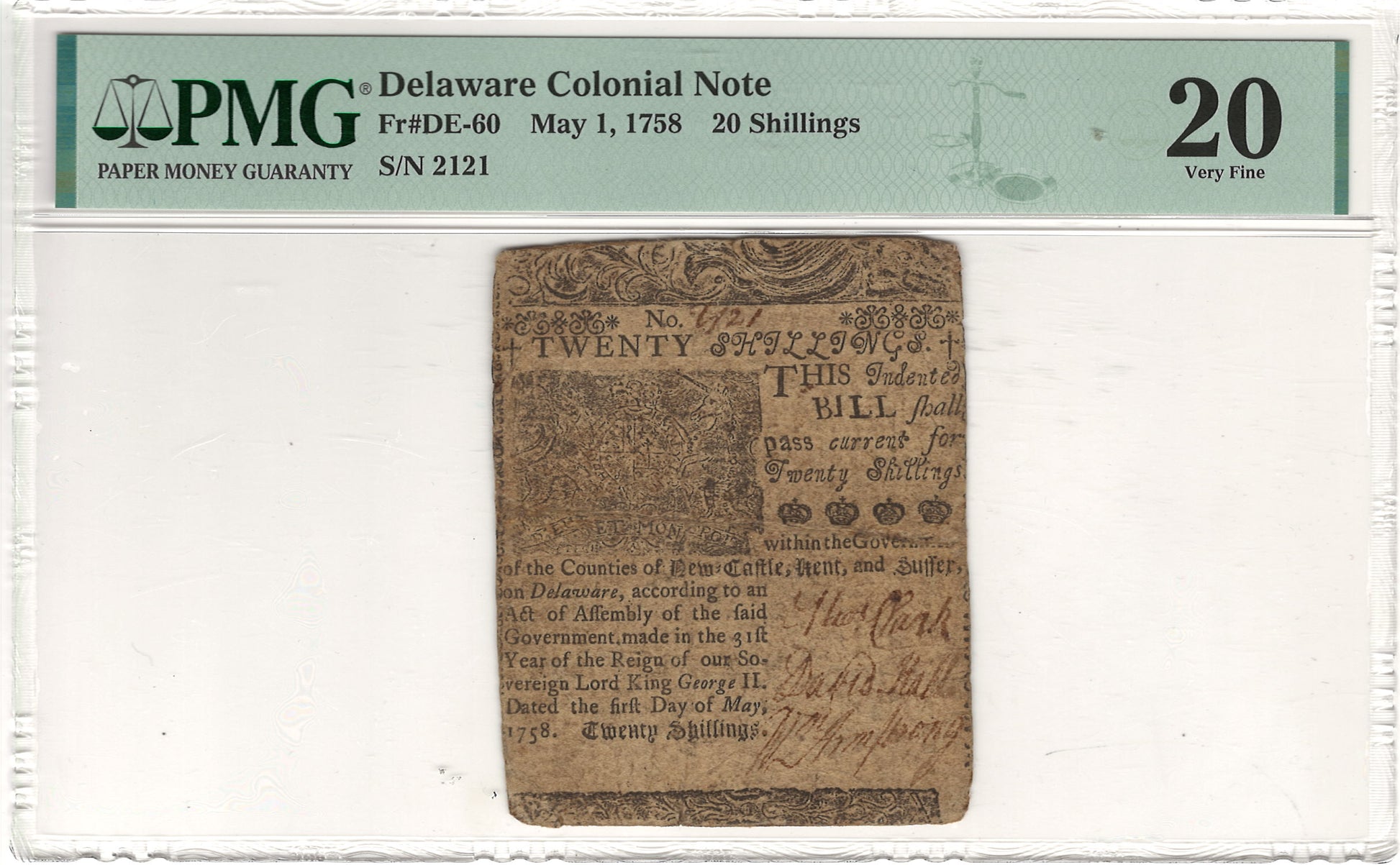 Delaware Colonial Note 20 Shillings PMG Very Fine 20 Fr#DE-60 May 1, 1758
