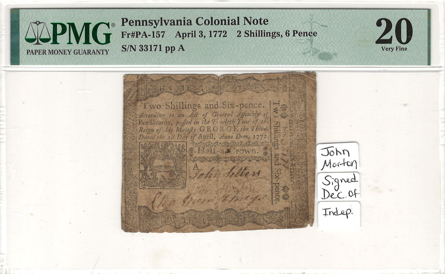 Pennsylvania Colonial Note 2 Shillings, 6 Pence PMG Very Fine 20 Fr#PA-157 April, 3, 1772 Front